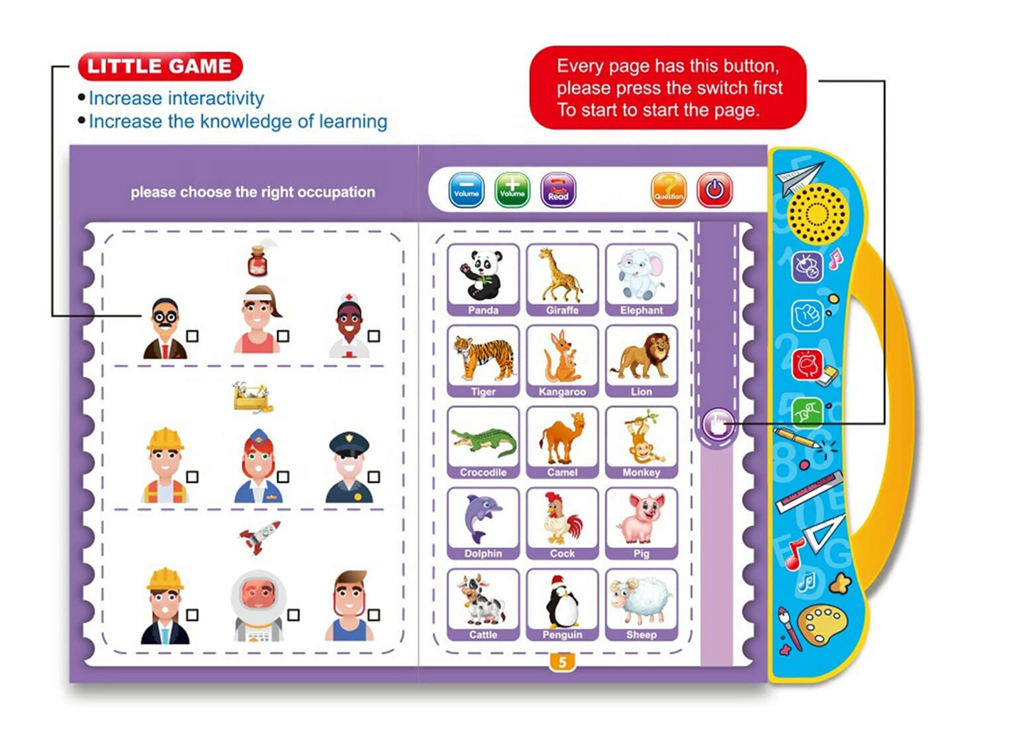 Intelligence E-Book for Kids - Learning Book with Sound, Educational English Reading Book - Alphabets, Numbers, Animals, Fruits, Person Title,... (Multicolor)